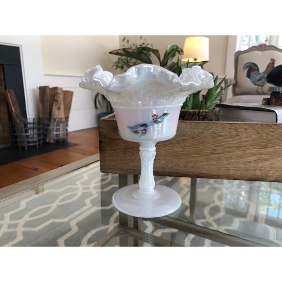 Vintage Fenton Hand Painted Ruffled Pedestal Dish - Picture 3 of 9